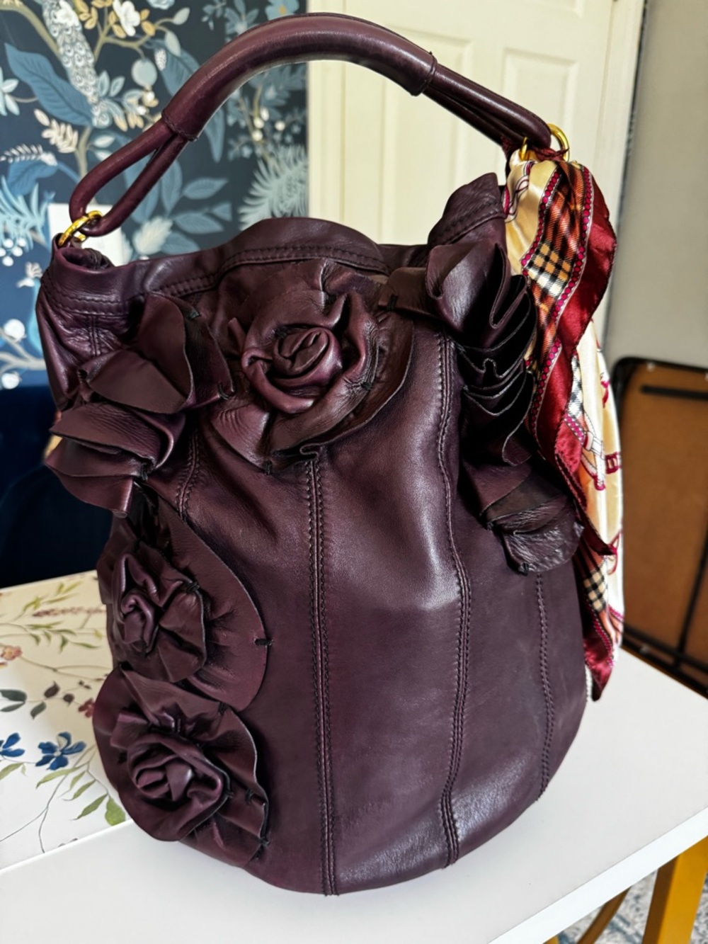 Authentic Valentino Garavani Wine Leather Rosette Hobo Bag w/ Scarf - Picture 2 of 16